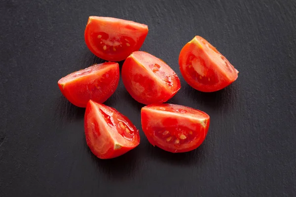 Sliced Cherry Tomatoes Black Slate Background Close — Stock Photo, Image