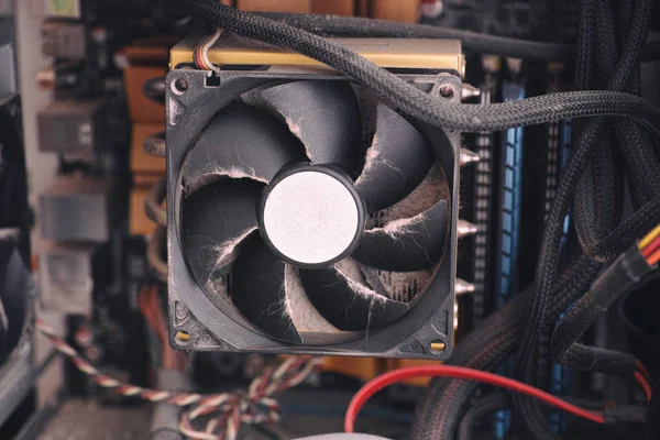 Poussière sur ventilateur de refroidissement CPU à l'intérieur d'un ordinateur PC — Photo