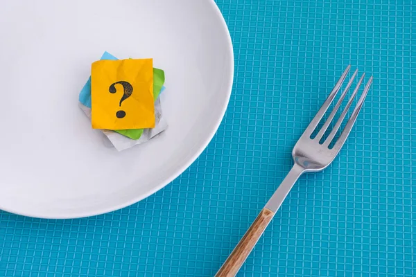 Question Mark Empty White Plate Fork Close — Stock Photo, Image