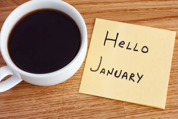 Hello January Post Note Writing Hello January Cup Coffee Close — Stock Photo, Image