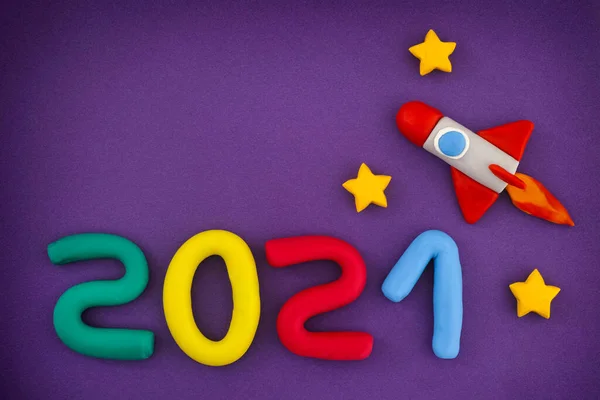 2021 Capodanno Razzo Spaziale Numeri Sono Fatti Argilla Gioco Plastilina — Foto Stock