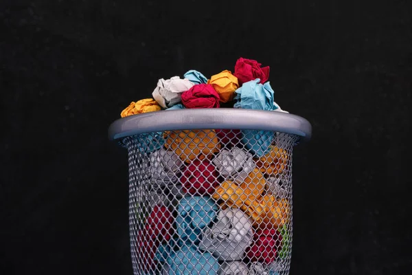 Crumpled Colorful Paper Balls Trash Can Close — Stock Photo, Image