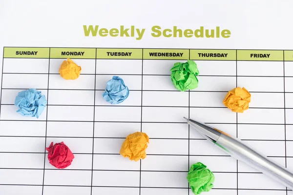 Daily Schedule Pen Colorful Crumpled Paper Balls Close — Stock Photo, Image