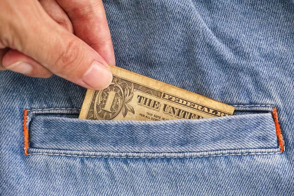 Person Taking Out One Dollar Bill Jeans Pocket Close — Stock Photo, Image