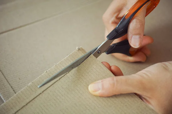 Woman Cutting Cardboard Scissors Close — Stock Photo, Image