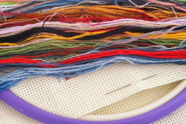 Colorful Cross Stitch Embroidery Threads Needle Canvas Close — Stock Photo, Image