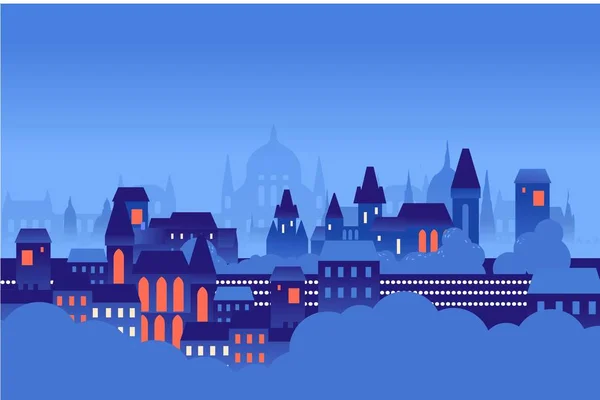 蓝色夜城市 城市灯 平面设计风景 城市例证 免版税图库插图