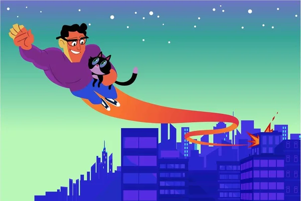 スーパーマンは燃えているビルから子猫を救出し 空に飛んでいく — ストックベクタ