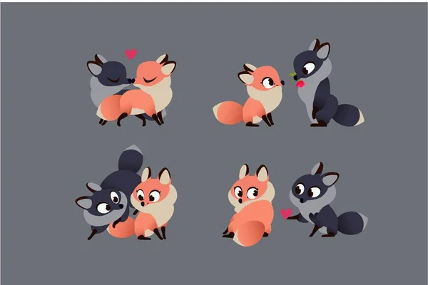 Set Vector Characters Different Poses Lovers Foxes Gives Flower Play — Stock Vector