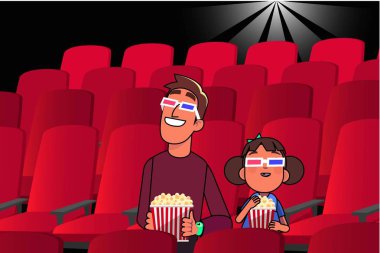 baba ve kızı 3d gözlük giyen bir sinemada bir film izlemek ve patlamış mısır yemek
