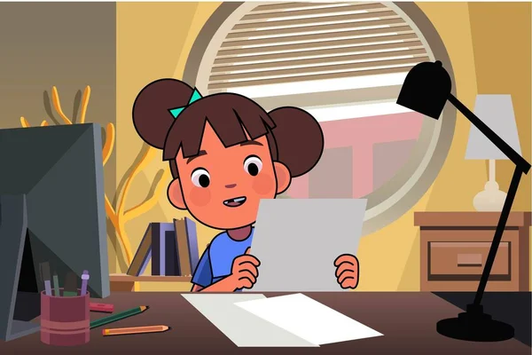 Fille Table Apprend Fait Ses Devoirs — Image vectorielle