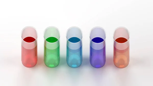 Colored Liquids Five Test Tubes Top View Rendering Illustratio — Stock Photo, Image