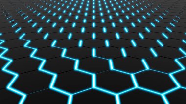 Soyut geometrik altıgen mavi neon ışık arkaplanı. 3B resimleme