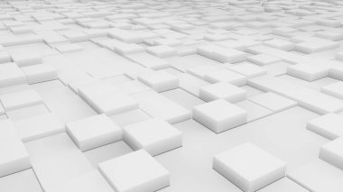 Üst görünümde beyaz katı renklerin soyut mozaiği küp şeklinde fayans şeklinde. 3B resimleme
