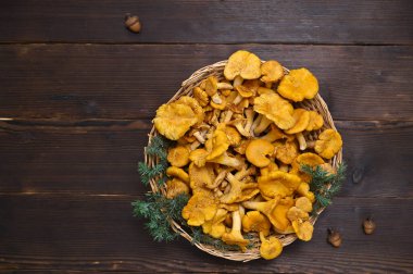 Koyu ahşap bir arka planda sepetteki turuncu mantarlar.