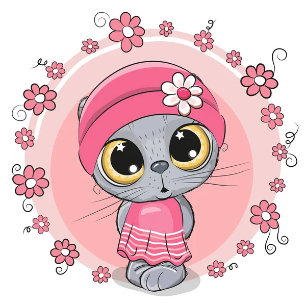 Tarjeta Felicitación Lindo Gatito Con Flores — Vector de stock