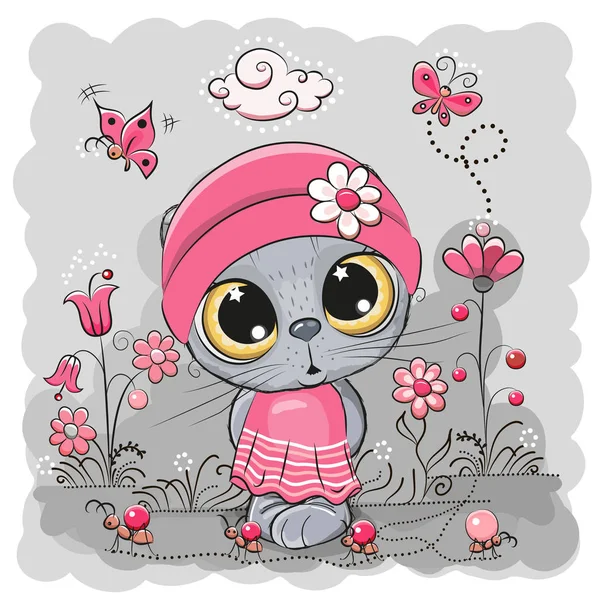 可爱的卡通小猫女孩在一个草甸与花朵和蝴蝶 — 图库矢量图片