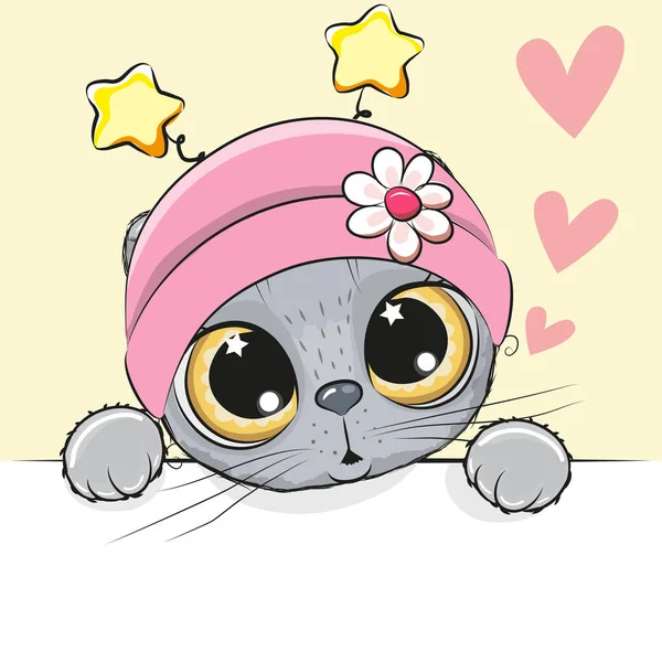 Greeting Card Cute Cartoon Cat Girl Hearts — Stock Vector