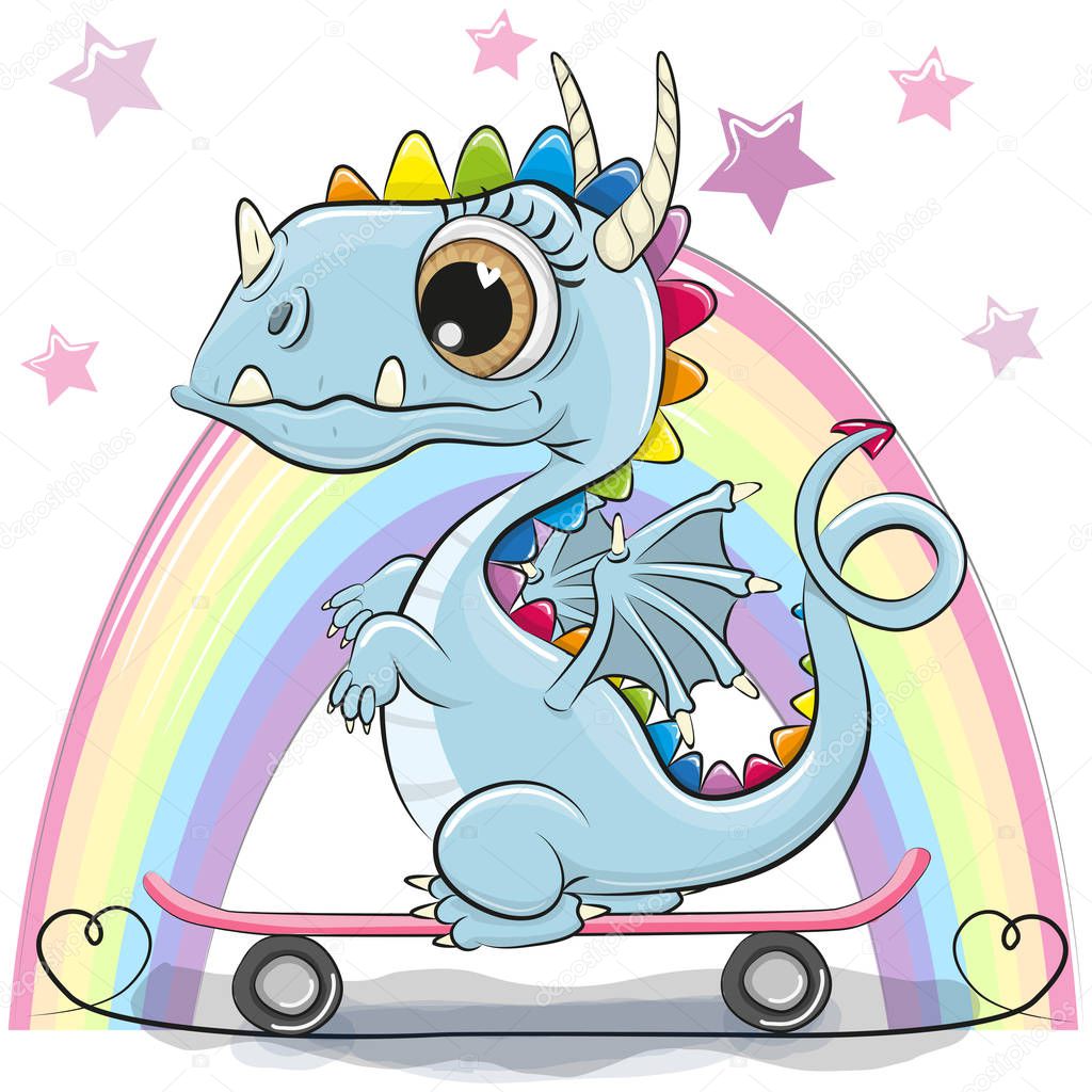 Cute Cartoon Dragon with skateboard on a rainbow background