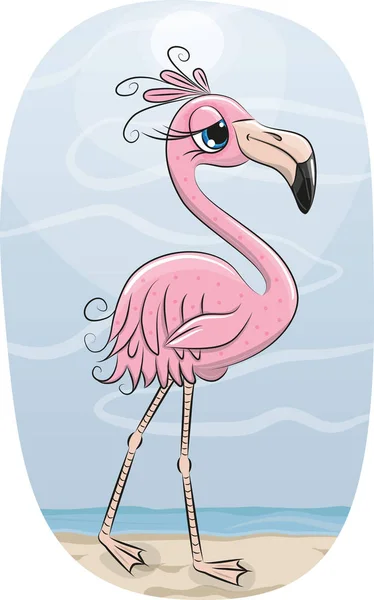 Cute Cartoon Pink Flamingo Beach — Stock Vector