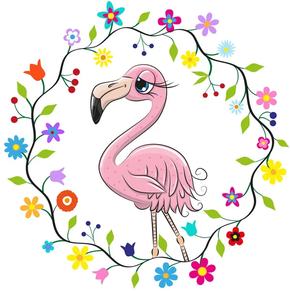 Mignon Dessin Animé Flamingo Dans Cadre Fleurs — Image vectorielle