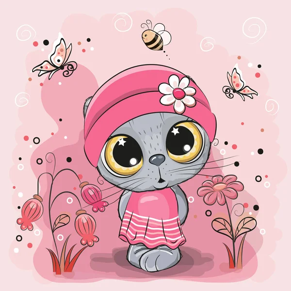 Sevimli Çizgi Film Yavru Kedi Kız Bir Çayır Çiçekler Kelebekler — Stok Vektör