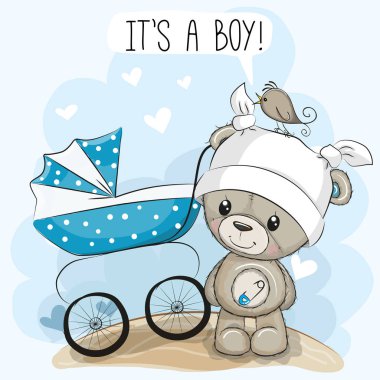 Tebrik kartı bebek arabası ve bir oyuncak ayı bir çocuk olduğunu
