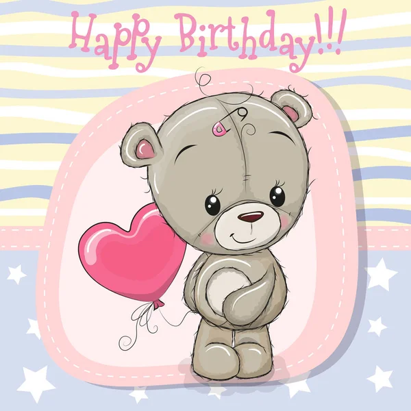 Biglietto Auguri Carino Teddy Bear Ragazza Con Palloncino — Vettoriale Stock