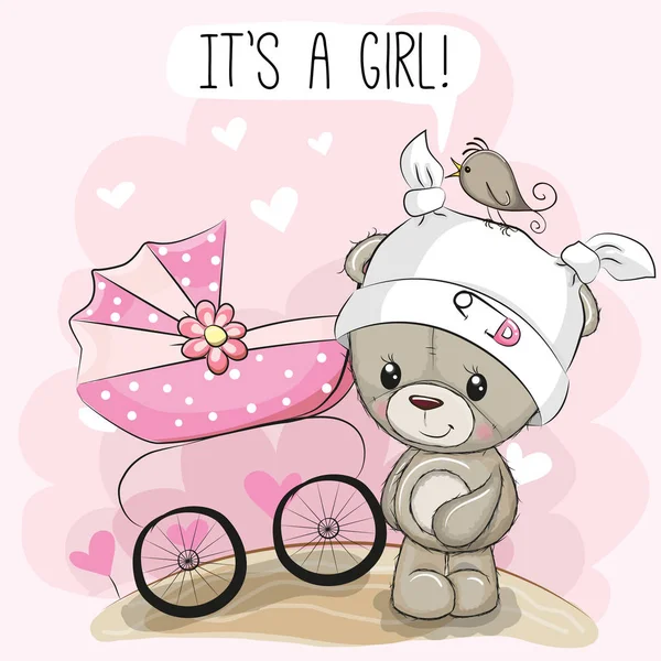 Grußkarte Ist Ein Mädchen Mit Kinderwagen Und Teddybär — Stockvektor
