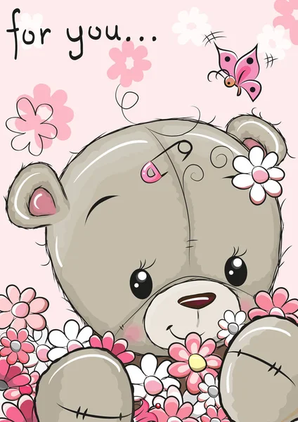 Niedlicher Teddybär Mit Blumen Auf Rosa Hintergrund — Stockvektor