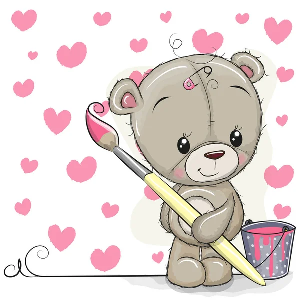 Urso Pelúcia Bonito Com Escova Está Desenhando Coração — Vetor de Stock