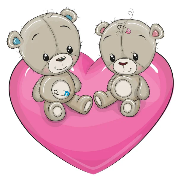 Two Cute Teddy Bears Sitting Heart — Stock Vector