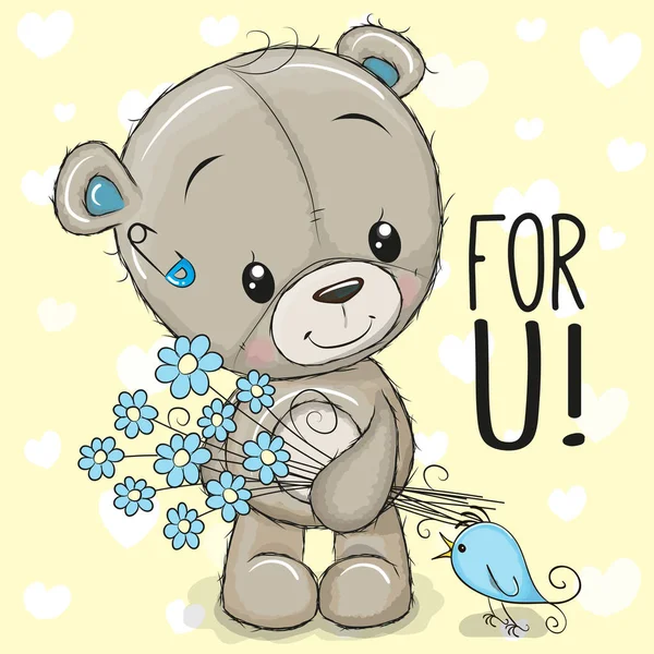 Wenskaart Cute Cartoon Teddybeer Met Een Bloem — Stockvector