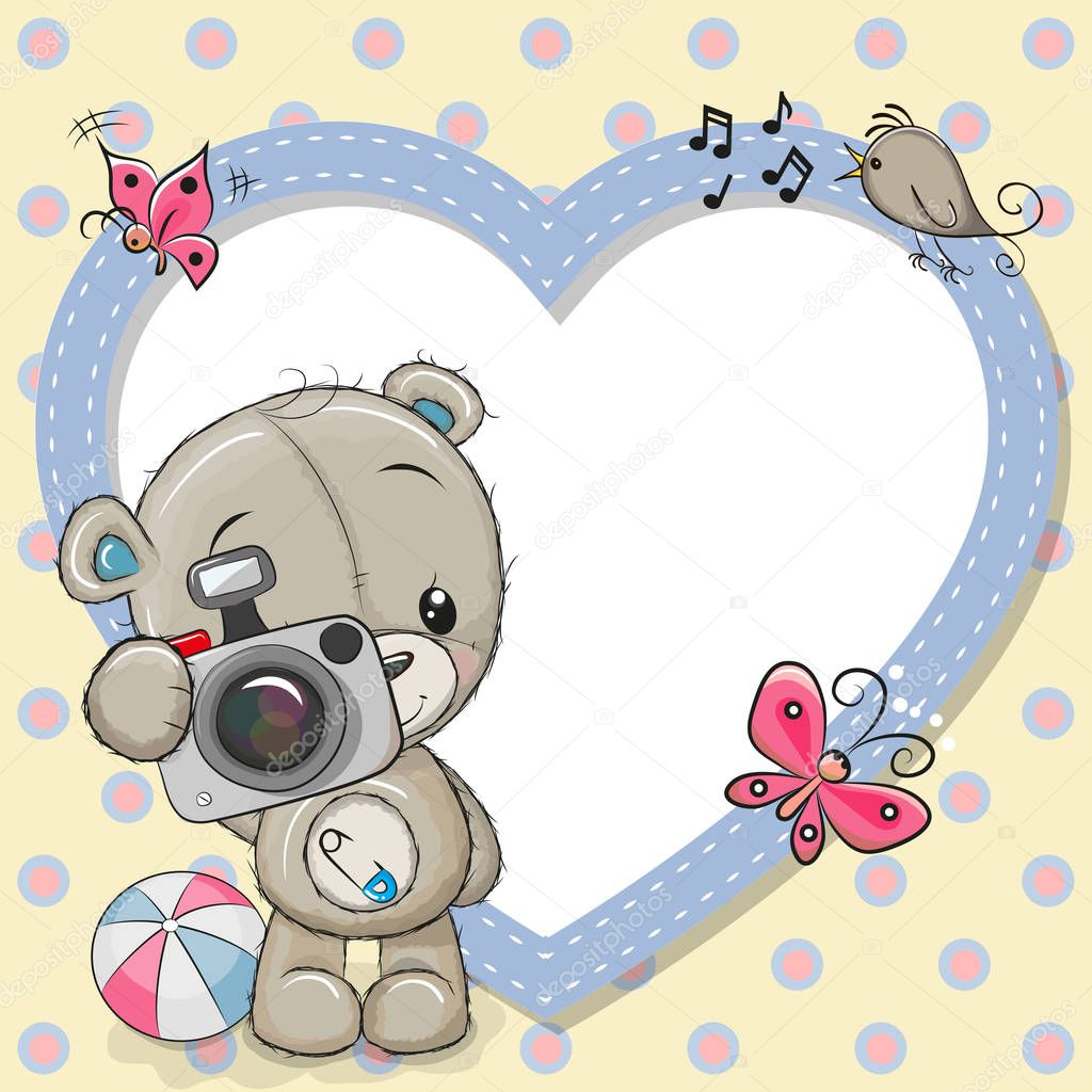 Cute cartoon Teddy Bear with a camera and a heart frame