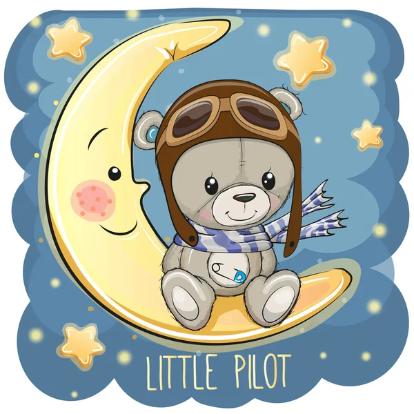 可爱的泰迪熊在一个飞行员的帽子坐在月球上 — 图库矢量图片