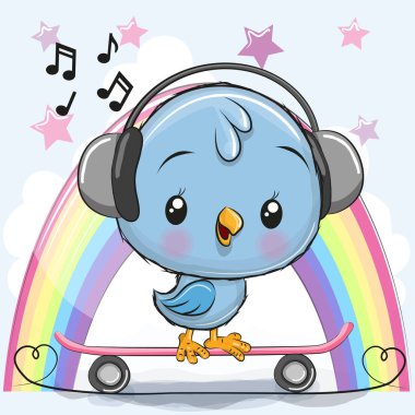 Sevimli çizgi film mavi kuş gökkuşağı arka plan üzerinde kaykay ile