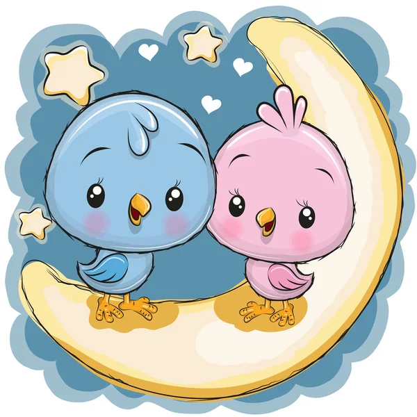 Dwa Cute Cartoon Ptaków Siedzi Księżycu — Wektor stockowy