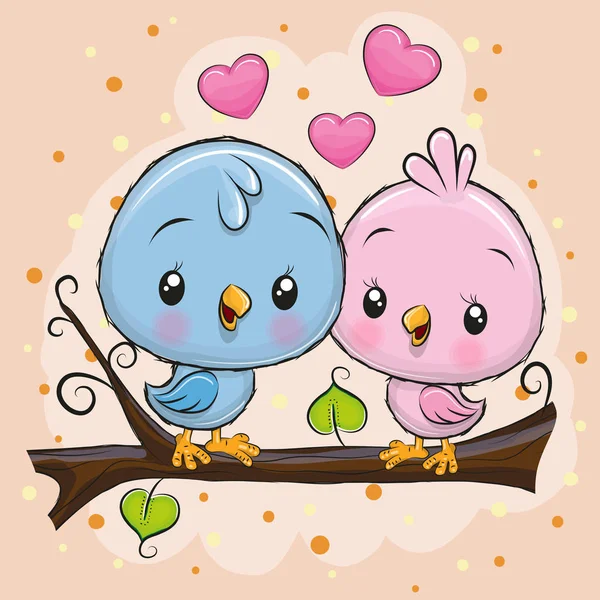 Dwa Cute Cartoon Birds Siedzi Gałęzi — Wektor stockowy