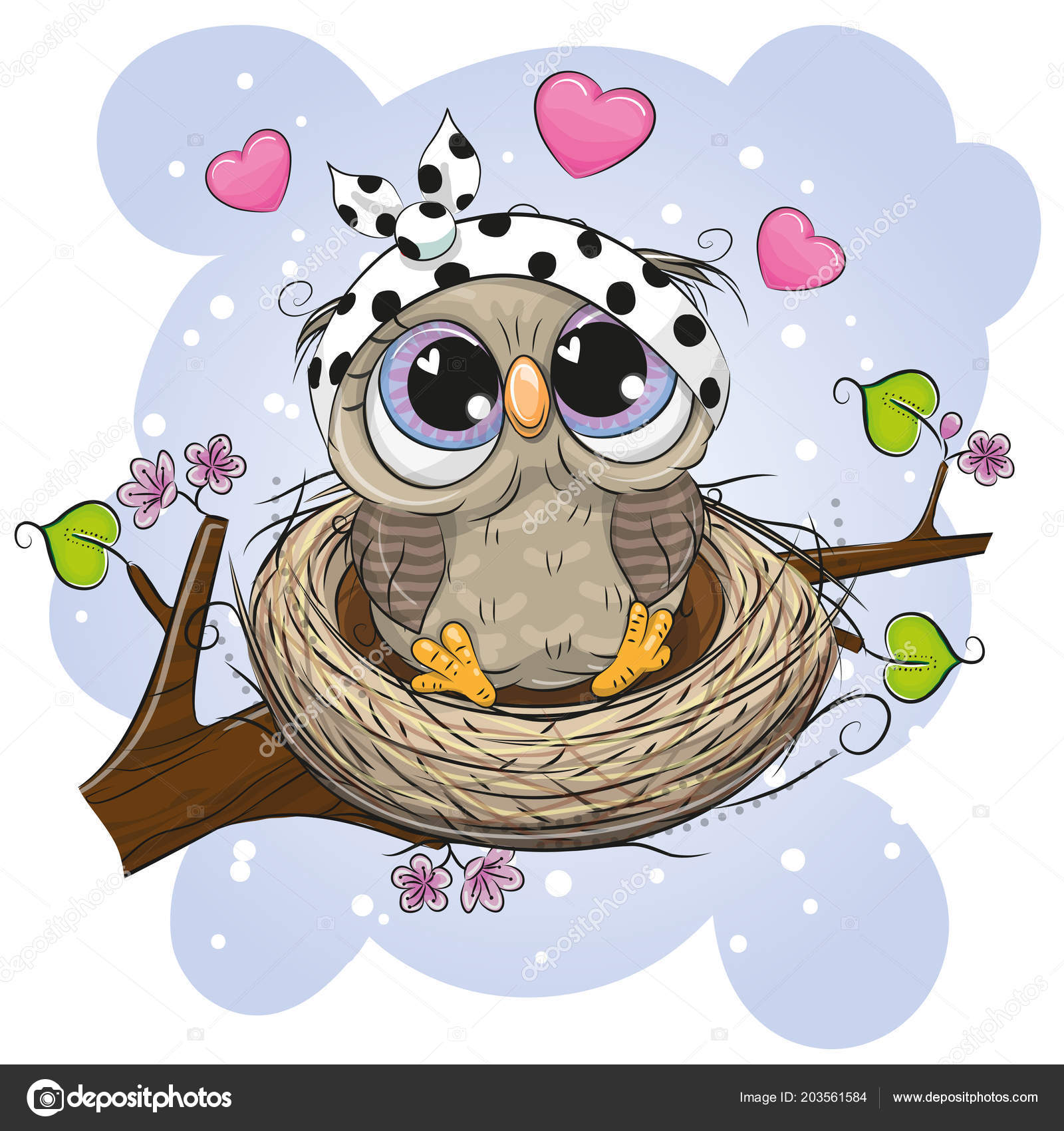 Image vectorielle Mignon Hibou Bande Dessinée Dans Nid Sur Une Branche par  ©Reginast777 - 203561584, image size:1600x1700