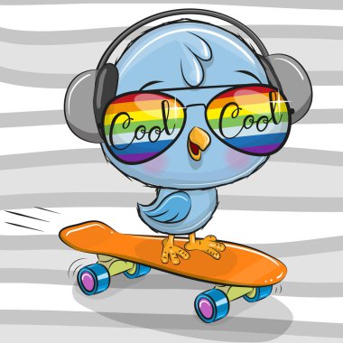 Bir kaykay üzerinde güneş gözlüklü şirin kuş çizgi film serin