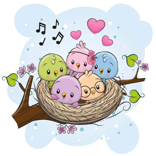 Cute Cartoon Birds Nest Branch — Stock Vector