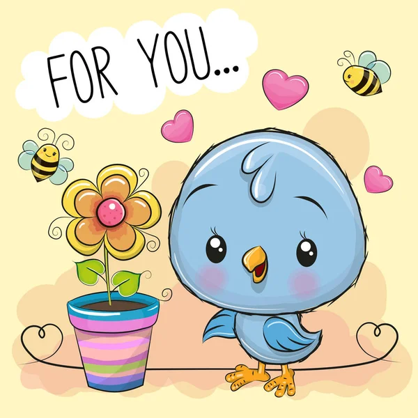 Ευχετήρια Κάρτα Για Χαριτωμένο Καρτούν Πουλί Λουλούδι Πορτοκαλί Φόντο — Διανυσματικό Αρχείο