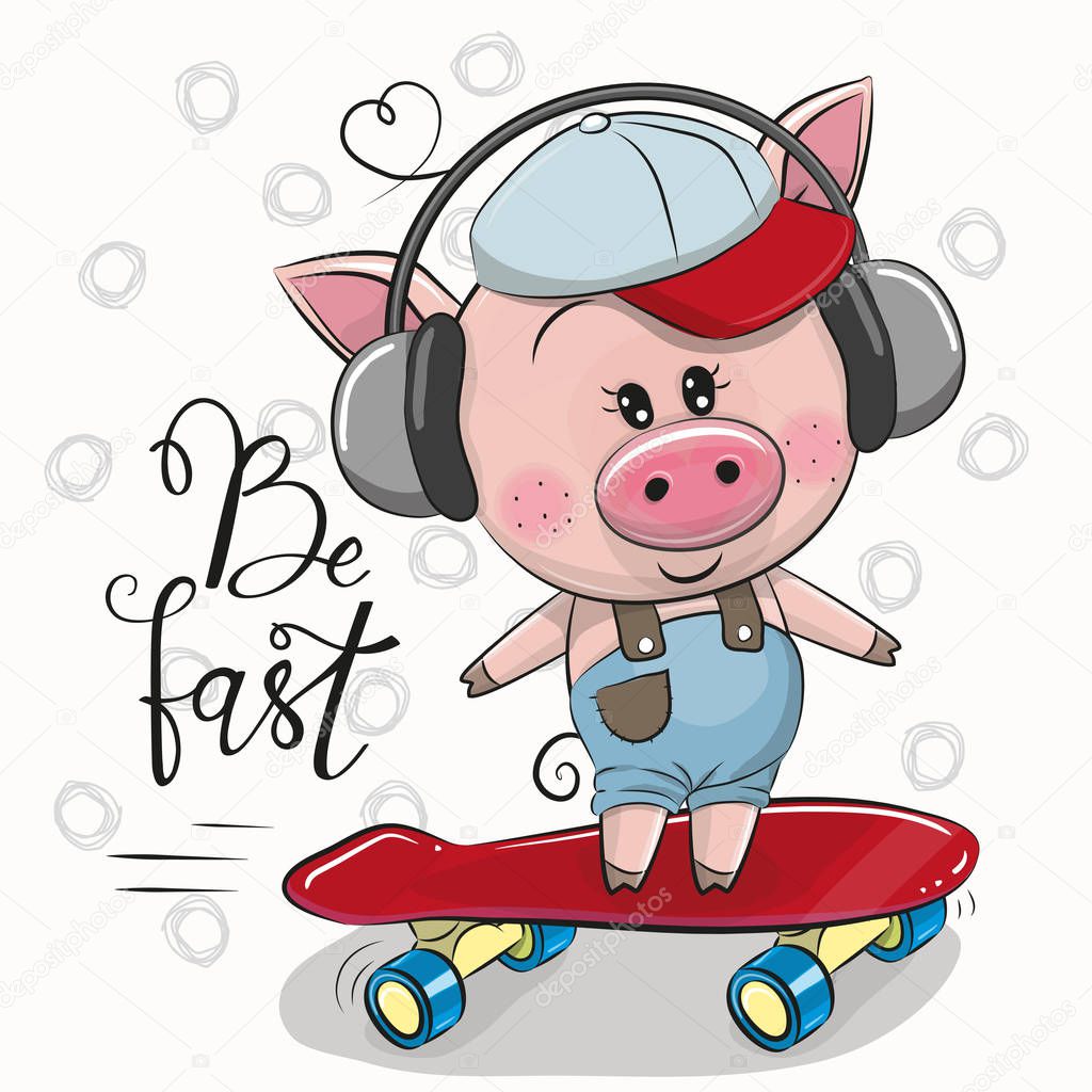 Cute Pig with a blue and red cap and a skateboard