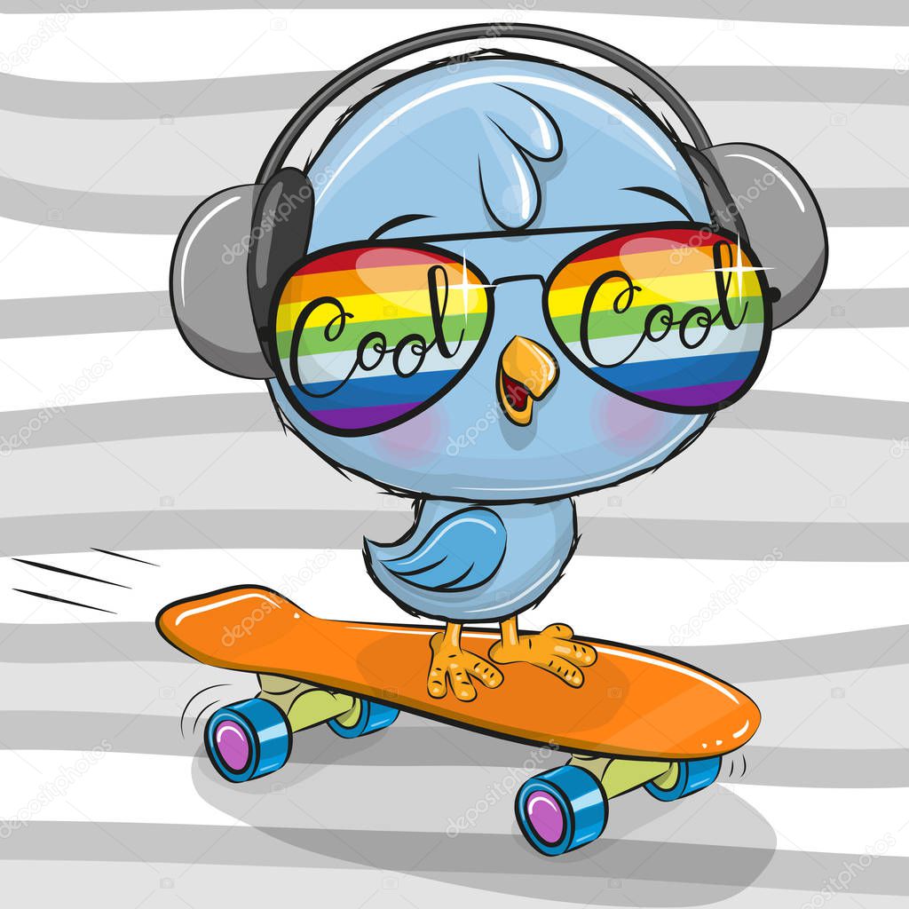 Cool Cartoon Cute Bird with sun glasses on a skateboard