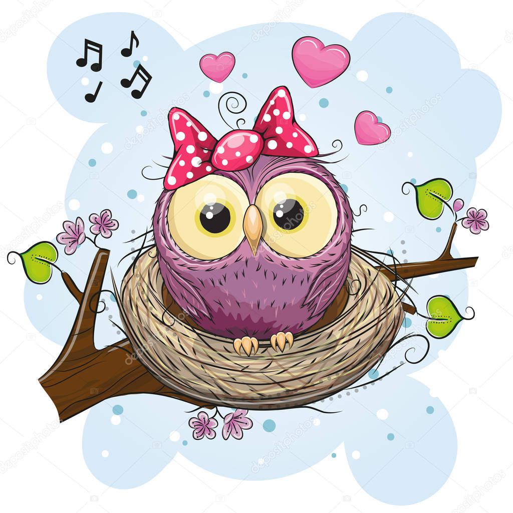 Cute Cartoon Owl in a nest on a branch
