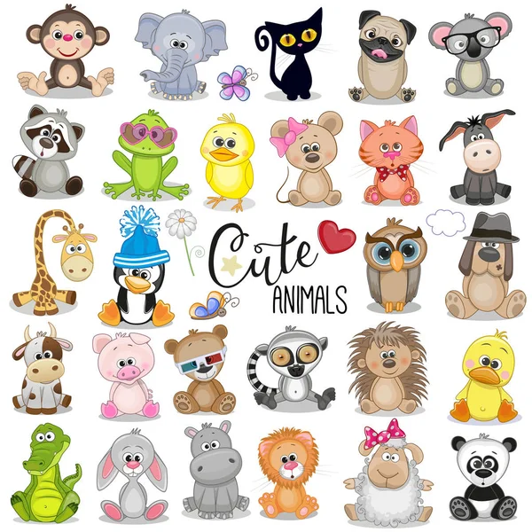 Conjunto Animais Desenhos Animados Bonitos Fundo Branco —  Vetores de Stock