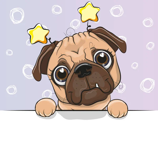 Greeting Card Cute Cartoon Pug Dog Blue Background — Stock Vector