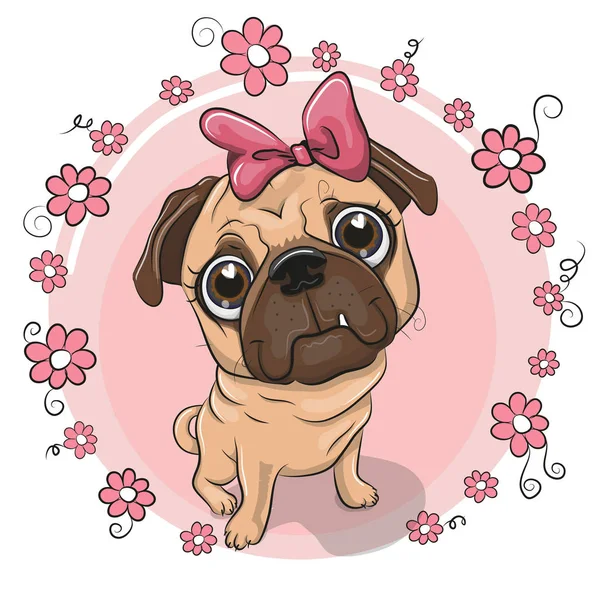 Ευχετήρια Κάρτα Κουτάβι Κορίτσι Λουλούδια Ροζ Φόντο — Διανυσματικό Αρχείο