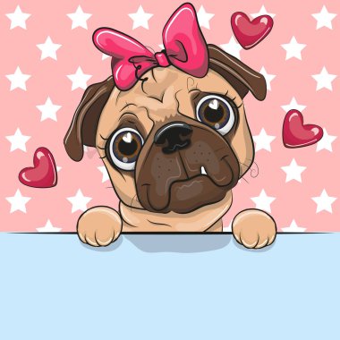 Tebrik kartı sevimli çizgi film Pug köpek kız bir yıldız arka plan üzerinde bir afişini tutuyor