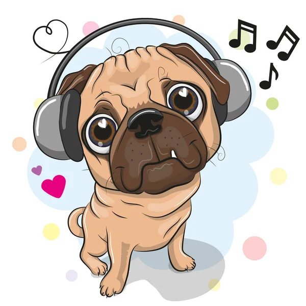 Mignon Dessin Animé Pug Dog Avec Écouteurs Sur Fond Blanc — Image vectorielle